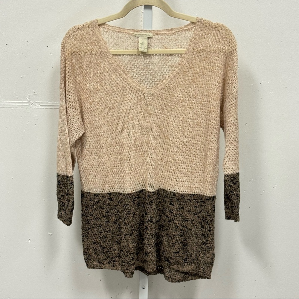 White + Warren Linen Cotton Blend Colorblock Knit V-Neck Sweater Beige Small